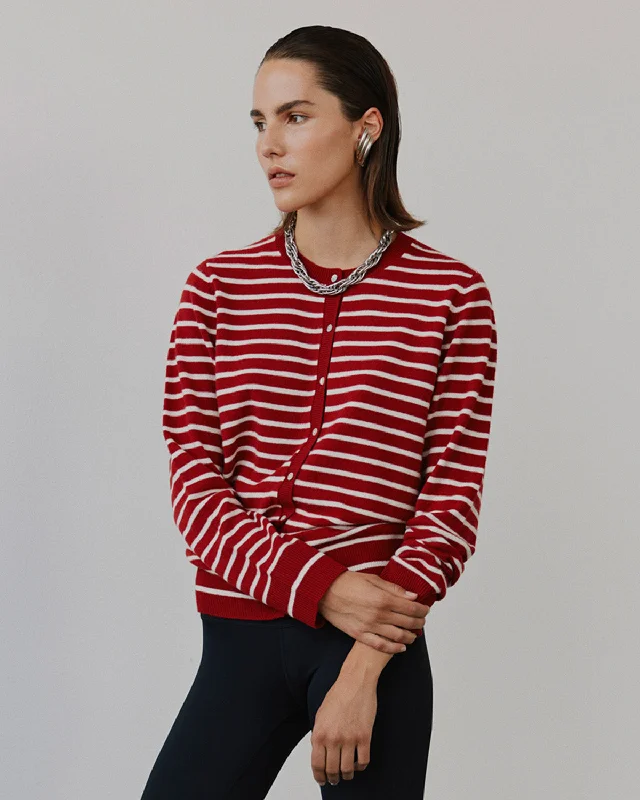 CISSESW STRIPE CARDIGAN - Red Striped Welt Pockets Slit Pockets Flap Pockets