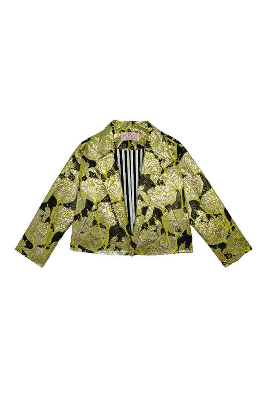 Cropped Boyfriend Blazer - Chartreuse and Black Brocade Women's Premium Blazer