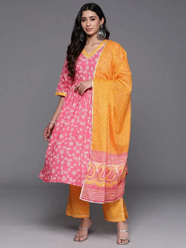 Pink Printed Cotton A-Line Kurta With Trousers & Dupatta Trousers Wedding White