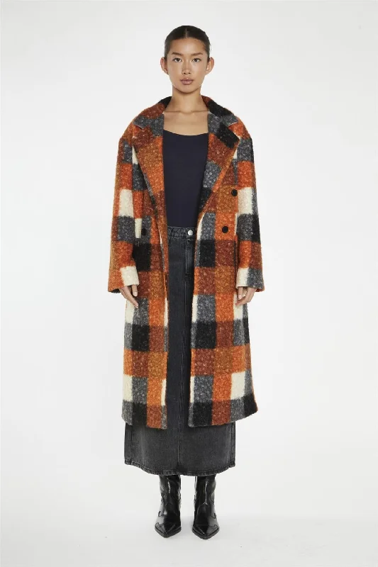 Orange Multi-Check Double-Breasted Coat Kimono Robe Cloak