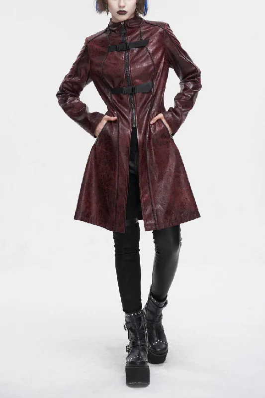 Red Double Buckle Faux Leather Long Women's Punk Coat Pleated Ruffled tiered