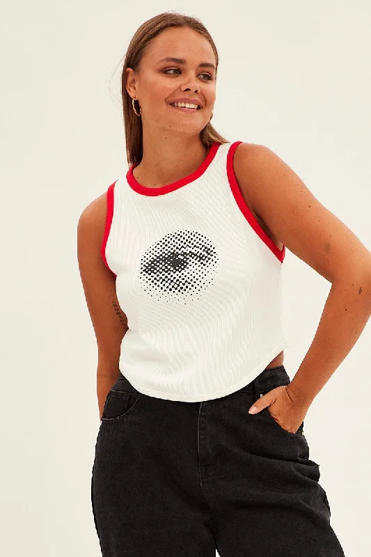 White Rib Tank Racer Back Eye Print soft tank top