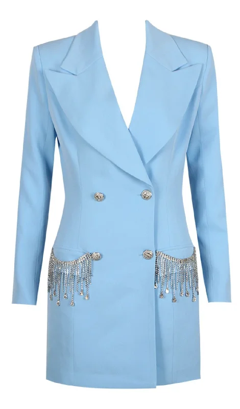 V-NECK BOTTOM JACKET DRESS IN BLUE Corduroy Jacket Velvet Jacket Brocade Jacket