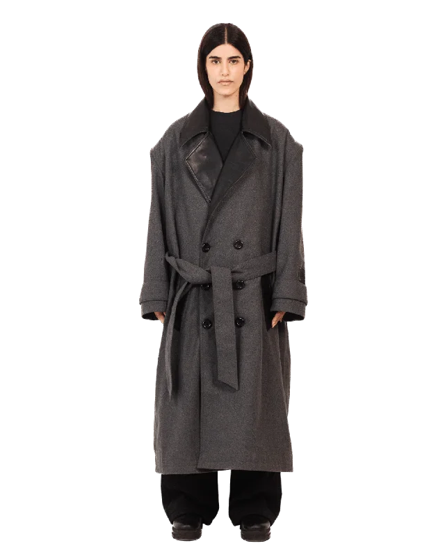 ASH GREY  WOOL TRENCH COAT Embroidered Appliqued Beaded
