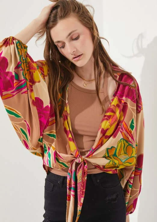 Color Pop Floral Kimono Cardigan Made in USA Toggled Drawstring Belted