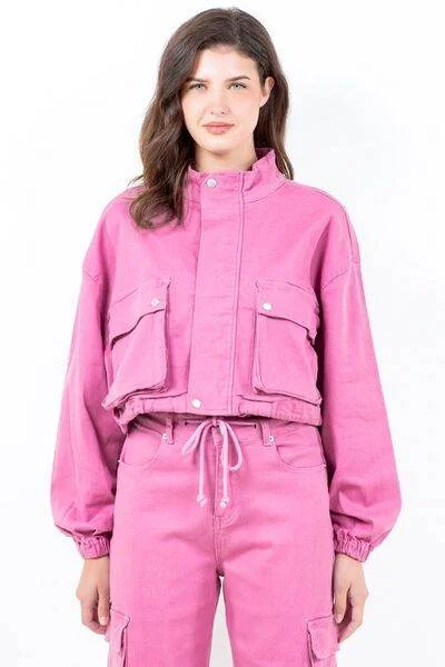 American Bazi Drawstring Hem Cargo Pocket Cropped Worker Jacket Plus Size Ribbed Jacket Pleated Jacket Ruffled Jacket American Bazi Drawstring Hem Cargo Pocket Cropped Worker Jacket Plus Size Ribbed Jacket Pleated Jacket Ruffled Jacket