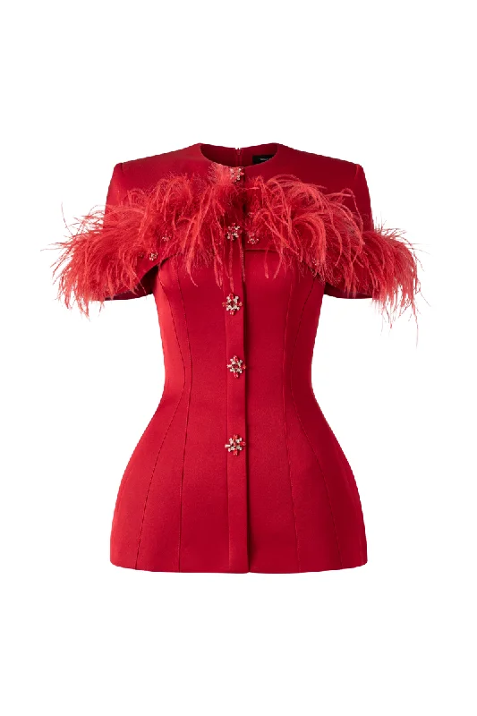 FEATHER EMBELLISHED SHORT-SLEEVE BLAZER Women's Fashion Blazer