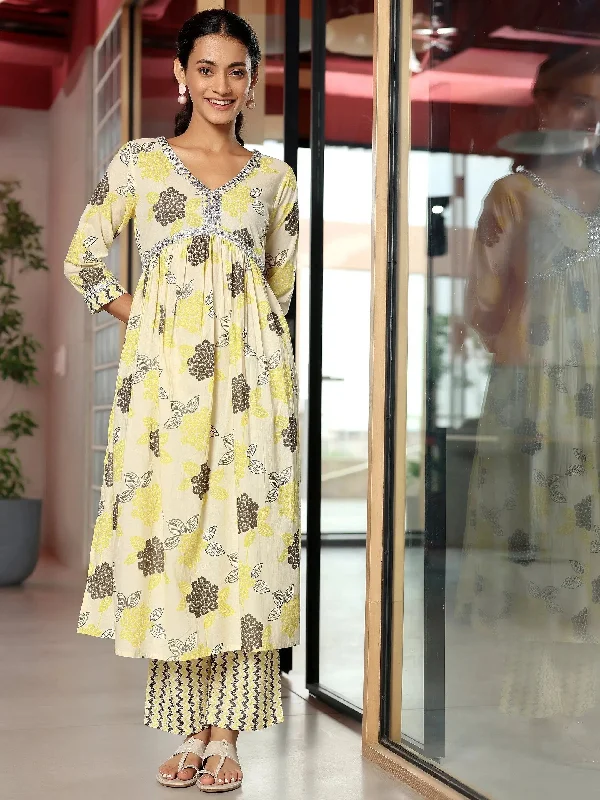 Off White Printed Cotton A-Line Kurta With Trousers Trousers Lace Delicate