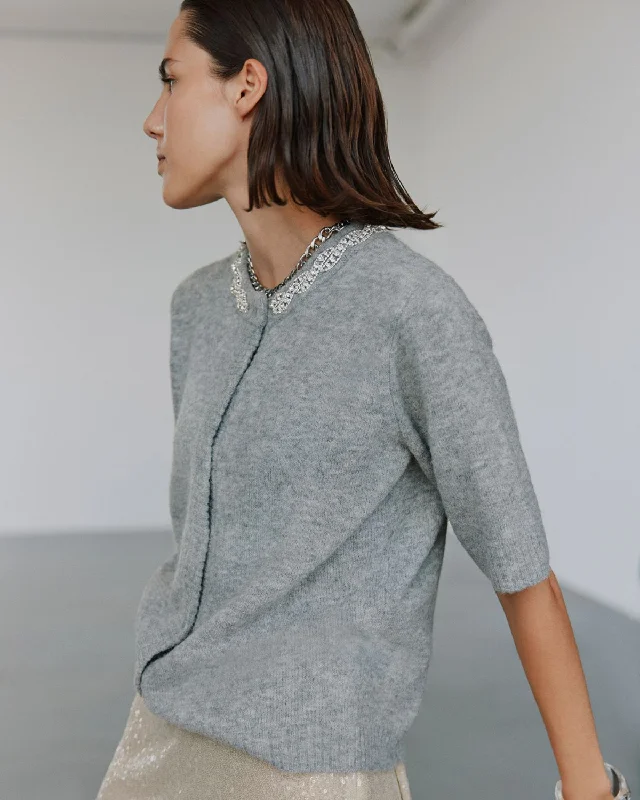 ELLERYSW CARDIGAN - Grey mel Boat Neck Shawl Collar Notched Collar