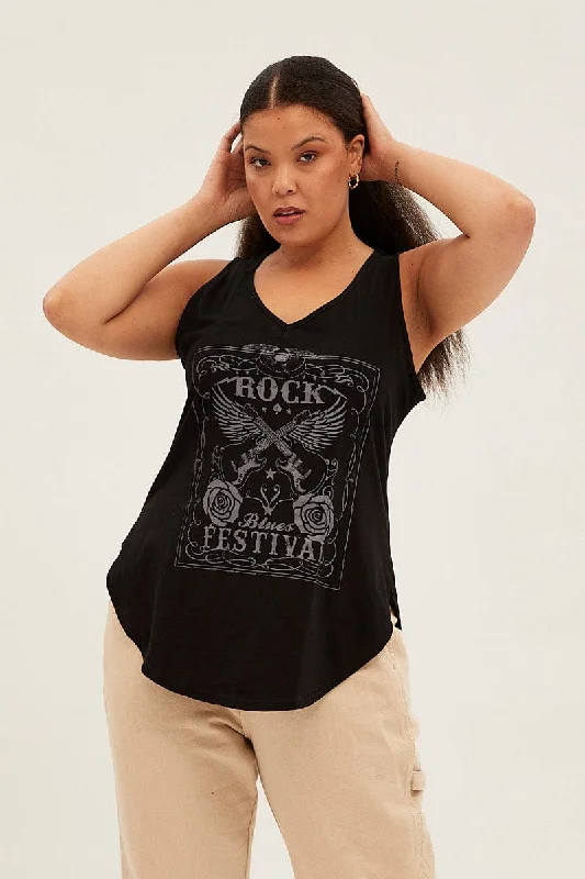 Black Sleeveless Curve Hem Rock Festival Tank Top cotton tank top