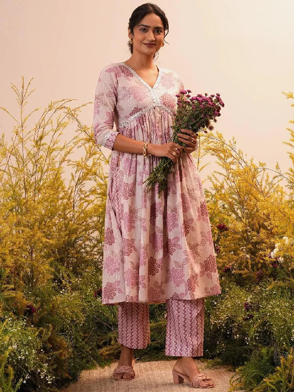 Mauve Printed Cotton A-Line Kurta With Trousers Trousers Exclusive Limited