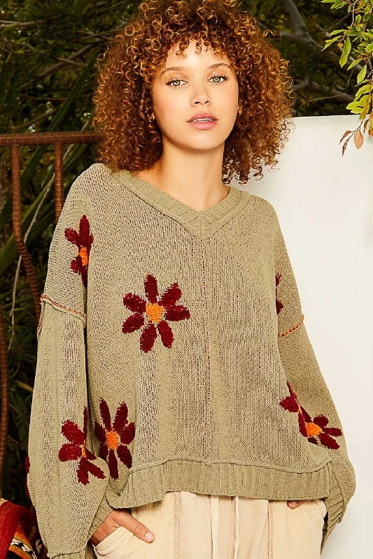 Blue Zone Planet | Pol V-Neck Floral Pattern Chenille Sweater Elasticated Padded Insulated Blue Zone Planet | Pol V-Neck Floral Pattern Chenille Sweater Elasticated Padded Insulated