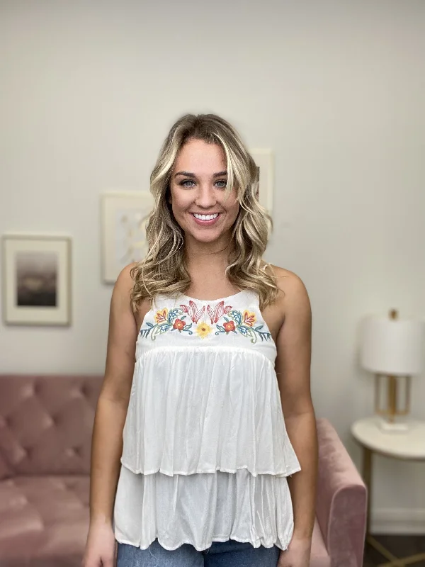 Putting On A Show Women's Halter Neck Tiered Semi Sheer Tank Top rhinestone tank top