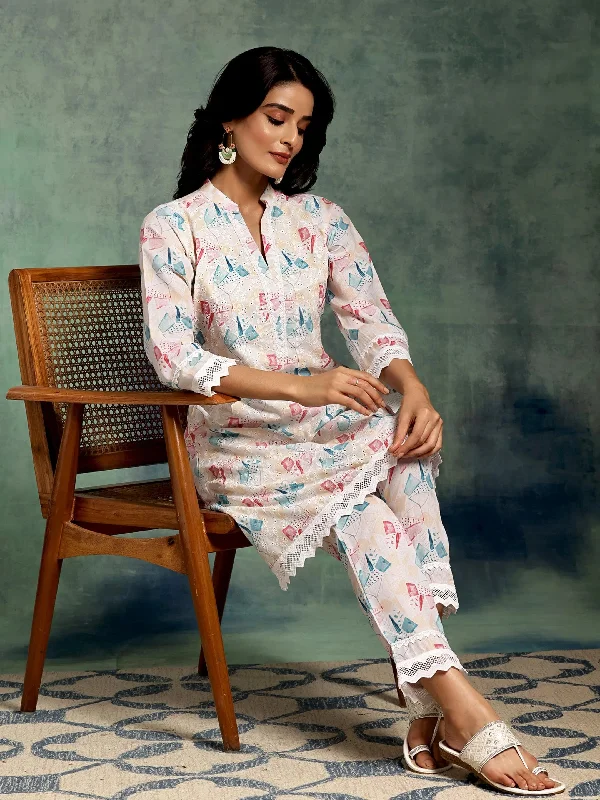 Cream Printed Cotton A-Line Kurta With Trousers Trousers Striped Patterned