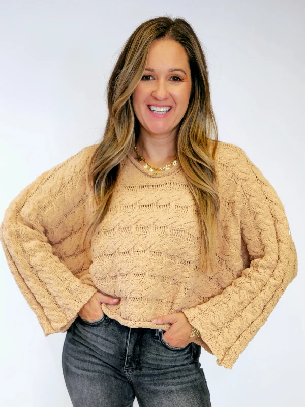 SEMI CROPPED KNITTED SOLID SWEATER - HONEY GOLD Print Jacquard Patchwork