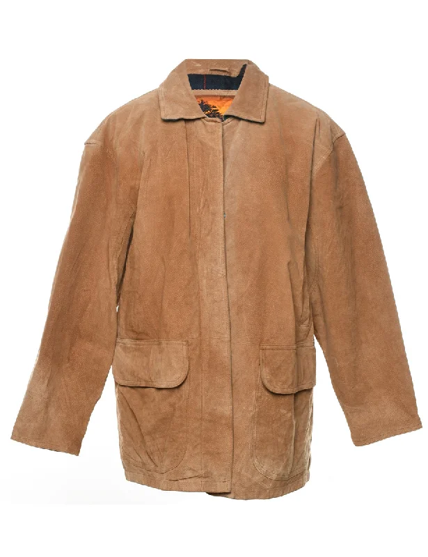 Light Brown Contrast Checked Lined Suede Jacket - M Wool Jacket Cashmere Jacket Tweed Jacket