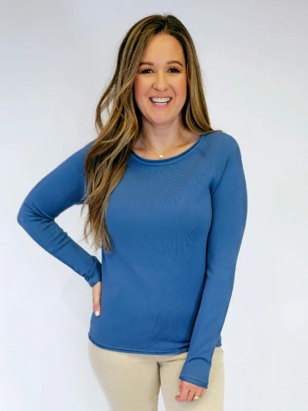 VISCOSE ROUND NECK SWEATER - DUSTY BLUE Toggled Drawstring Belted