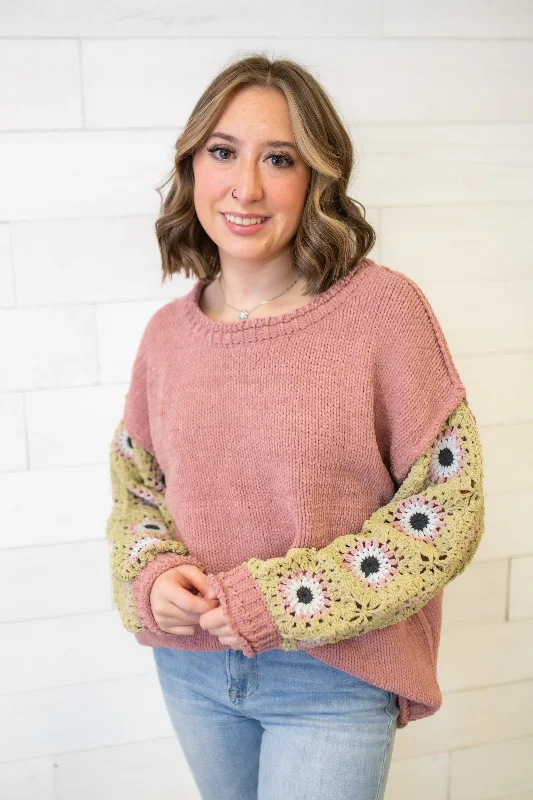 Crochet Sleeve Mauve Grass Multi Sweater Lightweight Heavyweight Midweight
