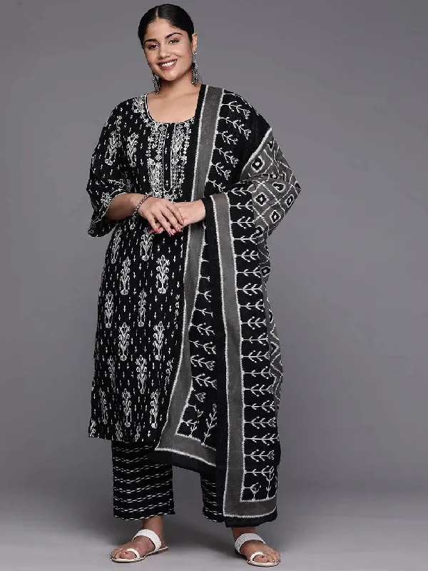 Black Printed Cotton Straight Kurta With Trousers and Dupatta Wide Leg Loose Fit Mid Waist