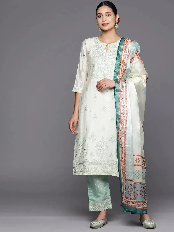 Cream Printed Chanderi Silk Straight Kurta With Trousers & Dupatta Trousers luxurious premium