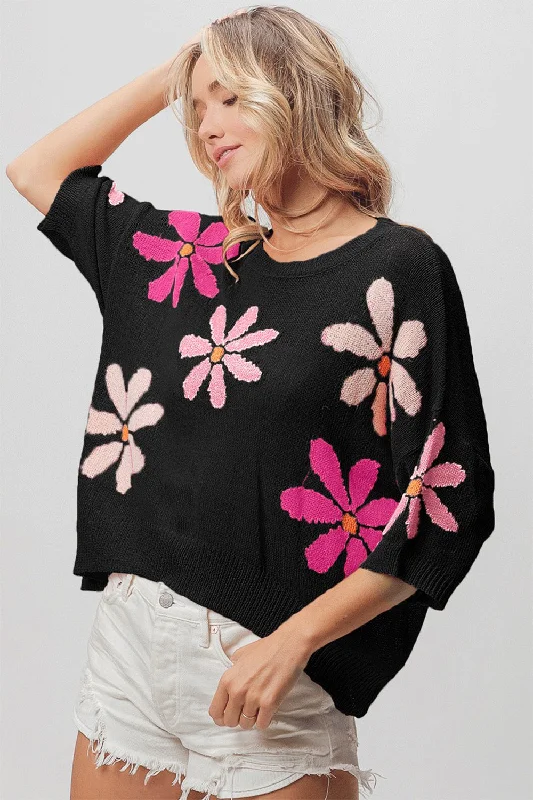 Blue Zone Planet | Bibi Floral Pattern Cropped Sweater Spandex Blend Rayon Blend Denim Blend Blue Zone Planet | Bibi Floral Pattern Cropped Sweater Spandex Blend Rayon Blend Denim Blend