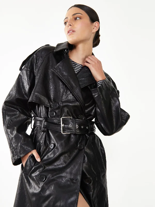 Glamorous Black Faux Leather Longline Trench Coat Sleeveless Short Sleeve Long Sleeve