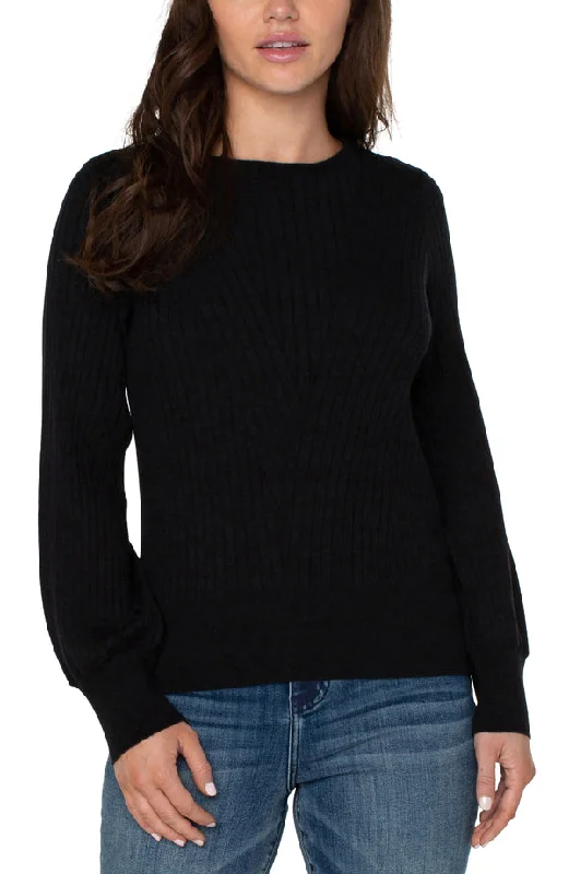 LONG SLEEVE CREW NECK SWEATER W/ RIBBED DETAIL - BLACK Embroidered Appliqued Beaded