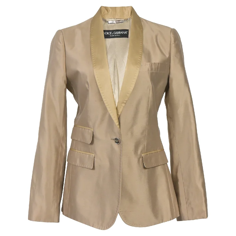 Dolce & Gabbana Single-Breasted with Four Pockets Blazer in Brown Satin Women's Trendy Blazer Dolce & Gabbana Single-Breasted with Four Pockets Blazer in Brown Satin Women's Trendy Blazer