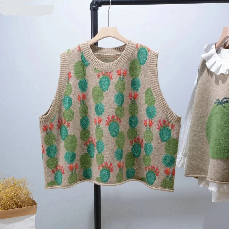 Prickly Cactus Sweater Vests Winter Autumn Warmer Fleece Sweater Nylon Polyester