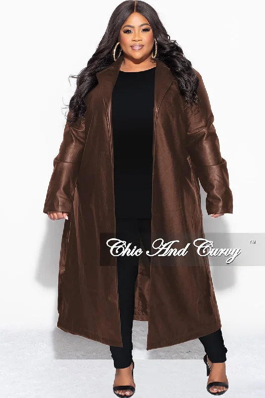 Final Sale Plus Size Vegan Leather Trench Coat with Tie in Brown Tie-Waist Belted Drawstring Final Sale Plus Size Vegan Leather Trench Coat with Tie in Brown Tie-Waist Belted Drawstring