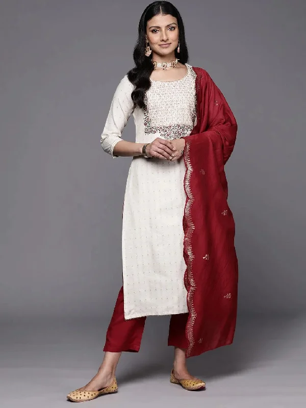 Off-White Yoke Design Cotton Straight Kurta With Trousers & Dupatta Wide Leg Loose Fit Mid Waist