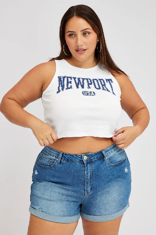 White Graphic Tank Top Crew Neck ribbed tank top