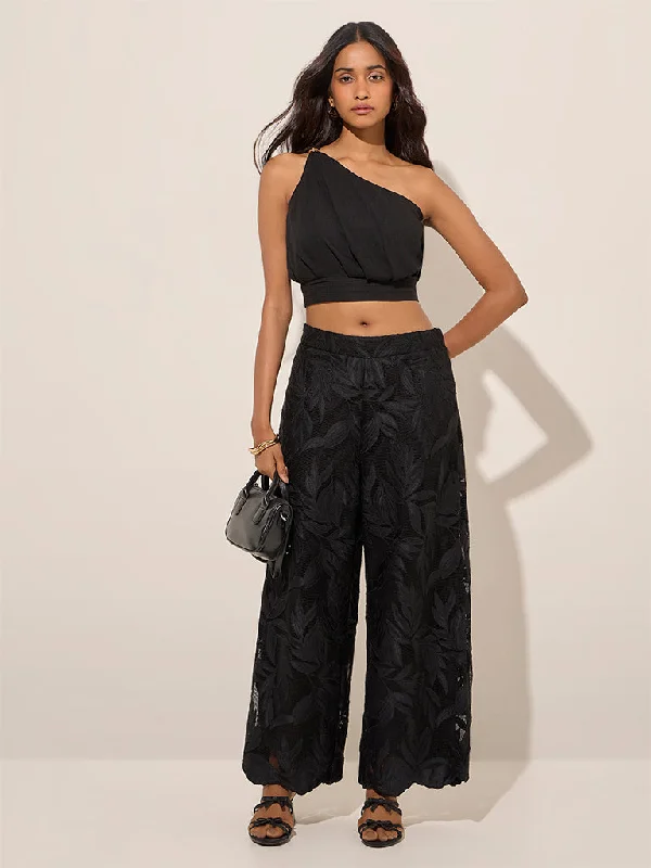 LOV Black Leaf Detailed High-Rise Lace Trousers Trousers Brand Named