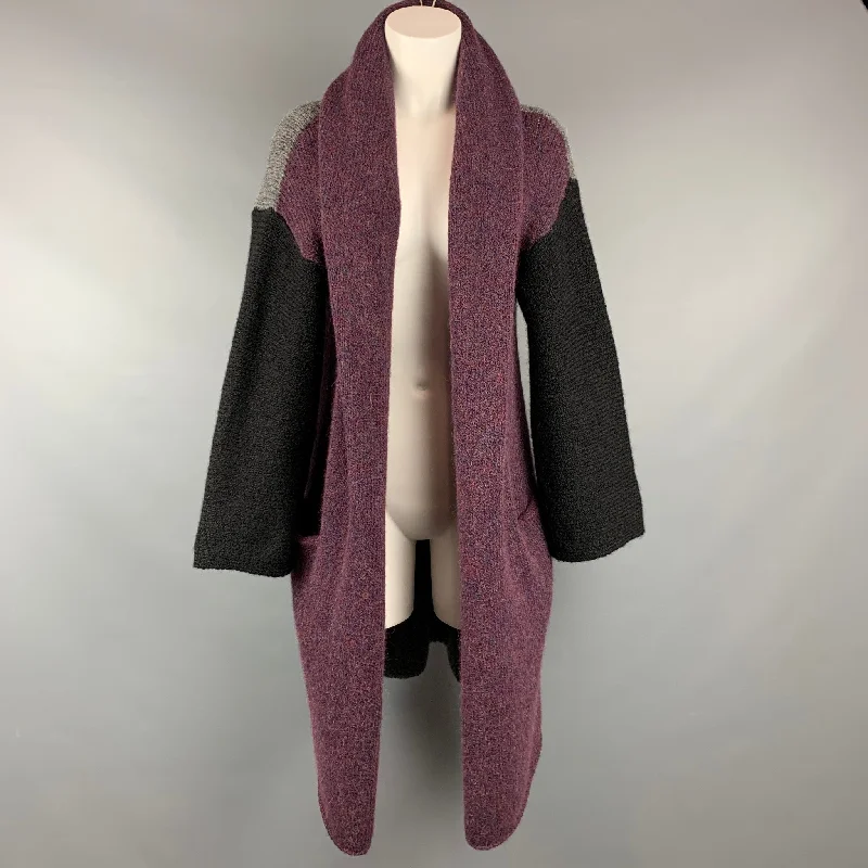 ROBERTA ROLLER RABBIT Size S Burgundy & Grey Knitted Color Block Alpaca / Nylon Hooded Coat Appliqued Beaded Sequined ROBERTA ROLLER RABBIT Size S Burgundy & Grey Knitted Color Block Alpaca / Nylon Hooded Coat Appliqued Beaded Sequined