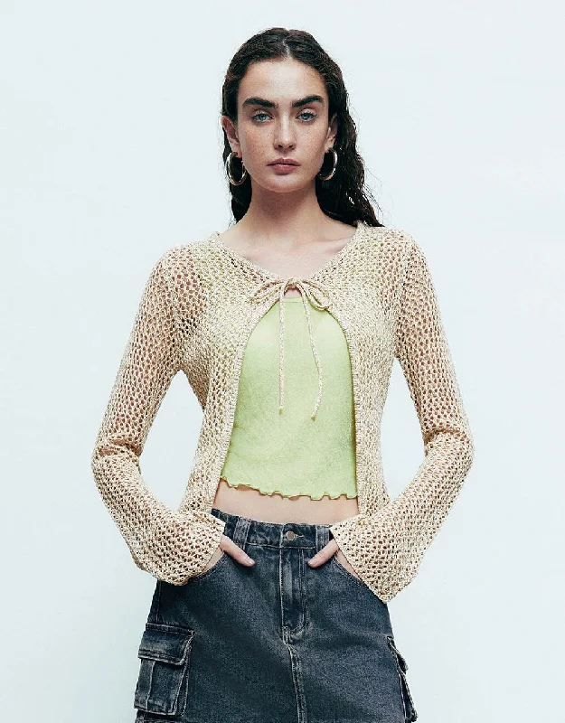 Crochet Tie Front V-Neck Knitted Cardigan Asymmetrical,ymmetric Pencil Cardigan