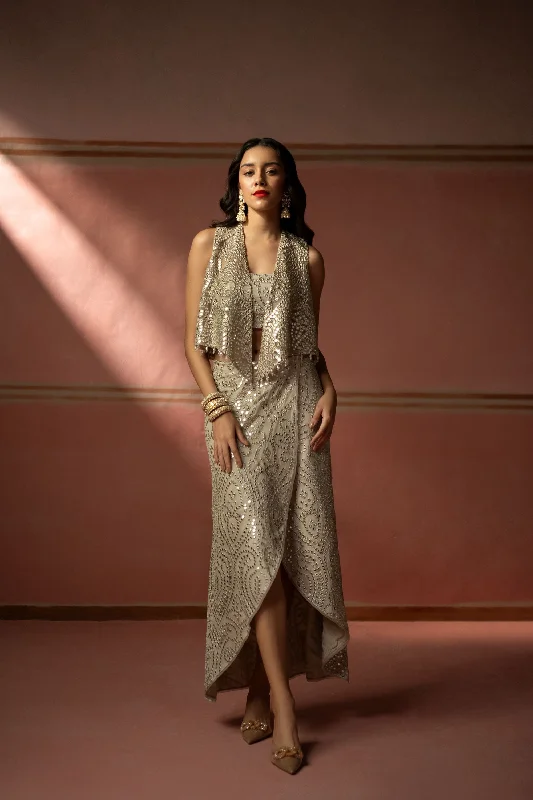 Net Silver Zari Mirrorwork Open Jacket One-Shoulder Jacket Off-the-Shoulder Jacket Asymmetrical Jacket