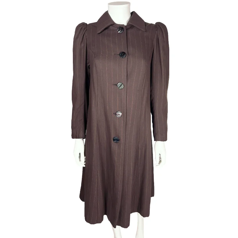 Vintage 1930s Ladies Wool Coat Brown w Tan Pinstripes S M Turtleneck Wrap Cape