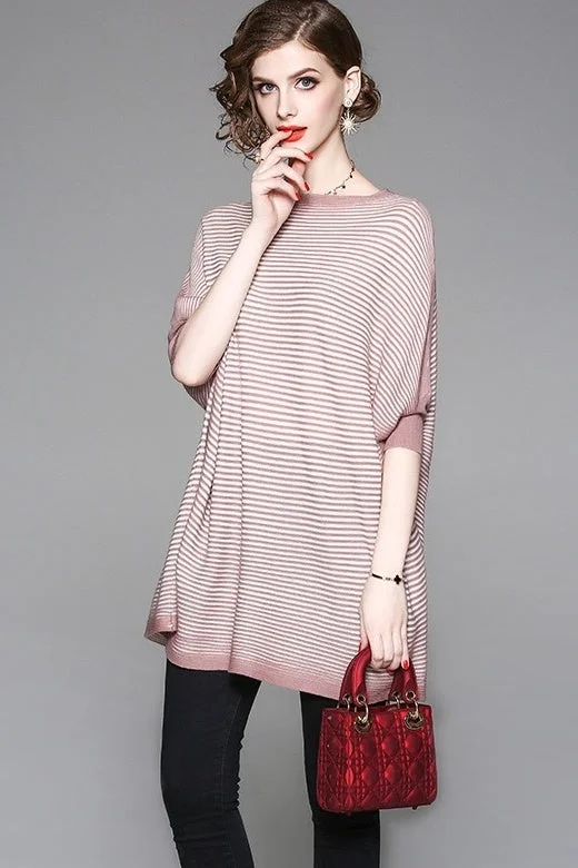 Striped Dolman Sleeve Wool Sweater Real Fur Shearling Chenille