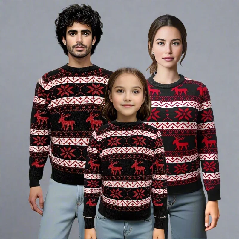 Matching Family Christmas Sweaters – Black with Festive Red Reindeer and Snowflake Design Beaded Sweater Sequined Faux Fur Matching Family Christmas Sweaters – Black with Festive Red Reindeer and Snowflake Design Beaded Sweater Sequined Faux Fur
