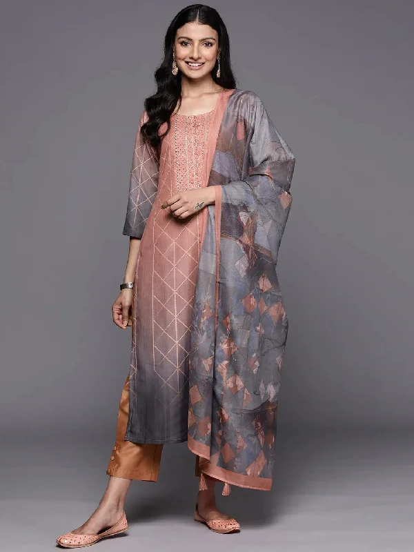 Peach Yoke Design Silk Blend Straight Kurta With Trousers & Dupatta Trousers Yoga Stretchy Peach Yoke Design Silk Blend Straight Kurta With Trousers & Dupatta Trousers Yoga Stretchy