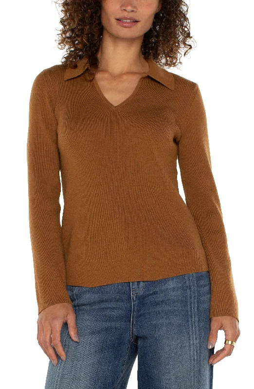LONG SLEEVE V-NECK COLLARED SWEATER - TUMERIC Spandex Blend Rayon Blend Denim Blend