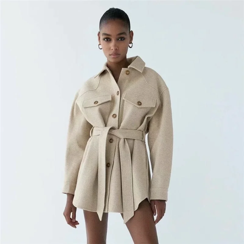 Women Casual Lapel Long-Sleeve Coat With Sash Suede Faux Fur Shearling