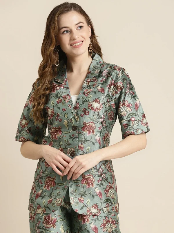 Olive Floral Short Sleeves Blazer Spring Women's Coat