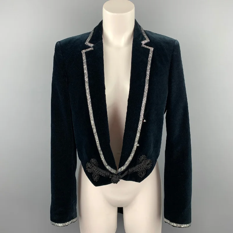 ROBERTO CAVALLI Size 6 Navy Cotton Velvet Notch Lapel Tails Blazer Women's Unique Blazer