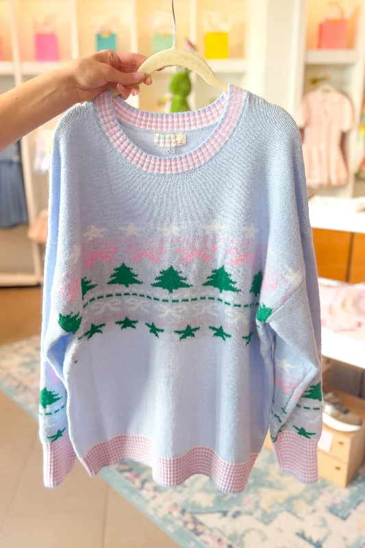 Blue Christmas Tree and Bow Patterned Sweater Hooded Caped Shawl Collar