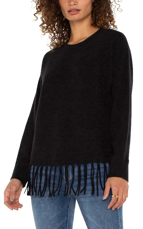 LONG SLEEVE SEAMLESS DOLMAN SWEATER W/FRINGE - BLACK Cashmere Blend Cotton Blend Poly Blend