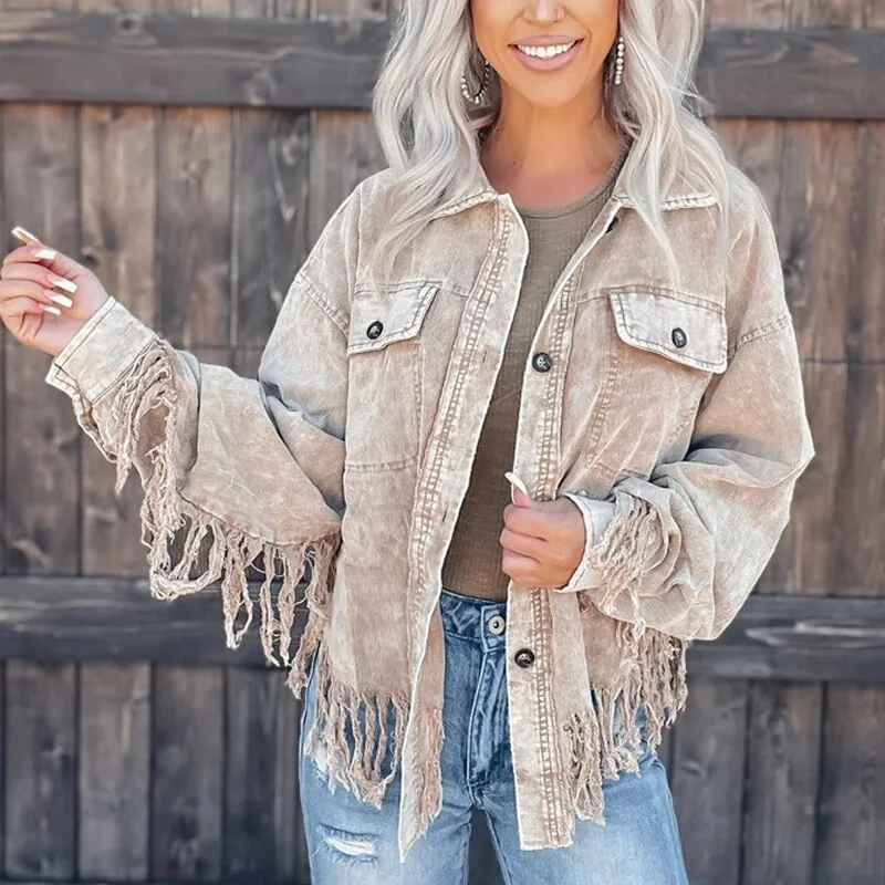 Corduroy Fashion Long Sleeve Tassel Button Coat Lapel Coat Peter Pan Collar Coat Cowl Neck Coat Corduroy Fashion Long Sleeve Tassel Button Coat Lapel Coat Peter Pan Collar Coat Cowl Neck Coat