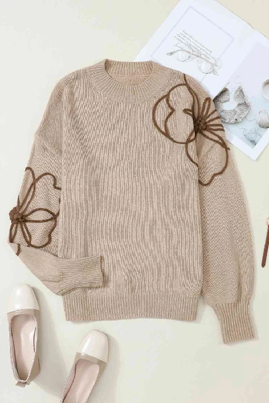 Floral Round Neck Drop Shoulder Sweater Anti-Pilling Anti-Shrink Durable