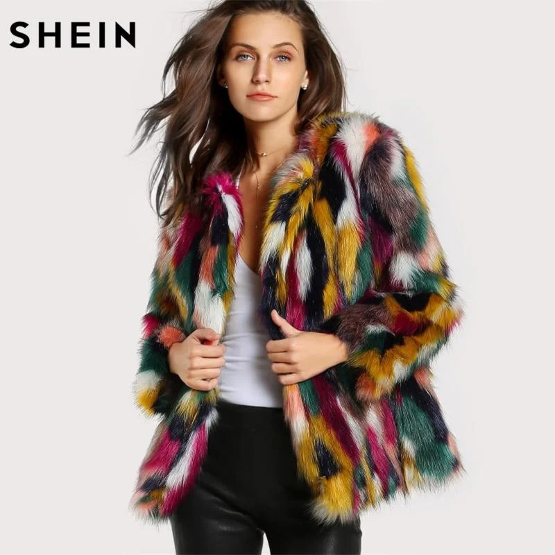 SHEIN Women Elegant Fur Coats Colorful Faux Fur Coat Multicolor Long Sleeve Collarless Casual Woman Winter Fur Coats Trench Raincoat Windbreaker SHEIN Women Elegant Fur Coats Colorful Faux Fur Coat Multicolor Long Sleeve Collarless Casual Woman Winter Fur Coats Trench Raincoat Windbreaker