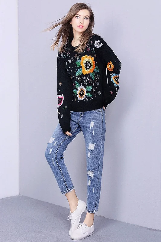 Sunflower Embroidered Sweater Satin Blend Silk Blend Wool Blend